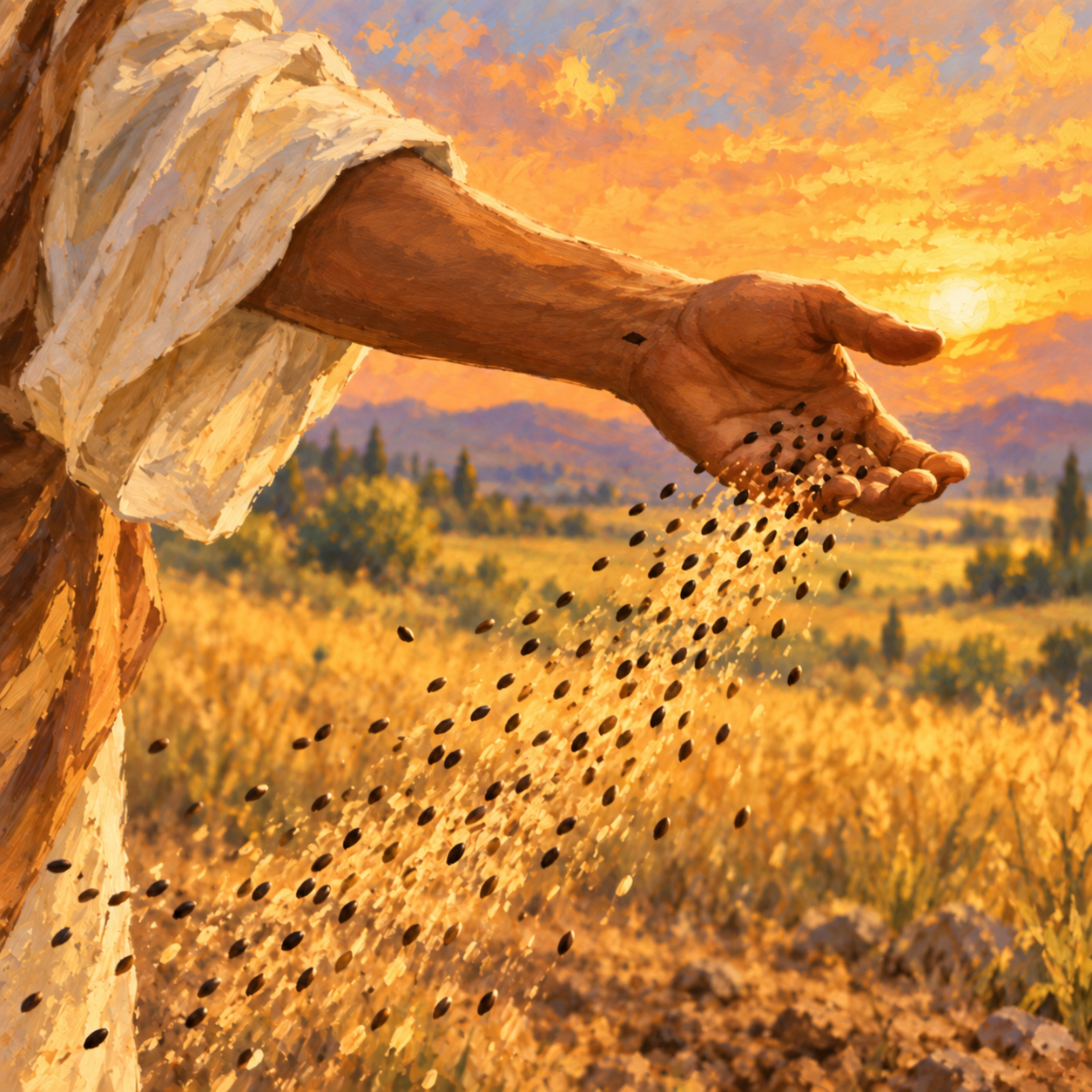 Painting of an outstretched hand scattering seeds over a golden field at sunset